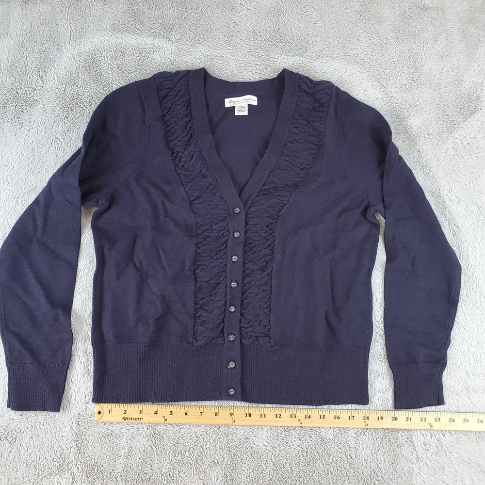 Marisa Christina‎ Merino Wool Cardigan Womens XL Ruched V-Neck Button Front Navy